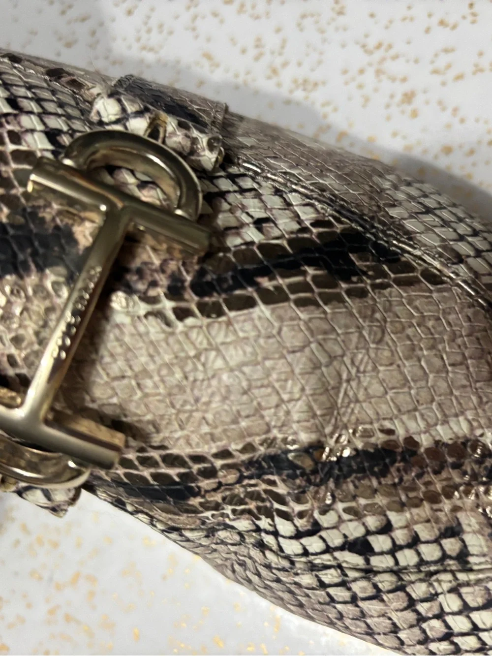 Cole Haan Beige Snake-Print Leather Loafers with Gold Bit